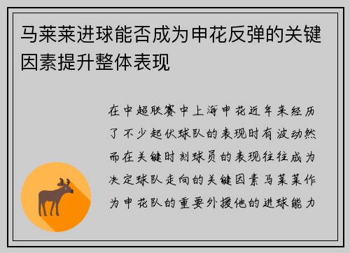 马莱莱进球能否成为申花反弹的关键因素提升整体表现