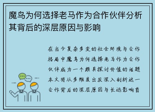 魔鸟为何选择老马作为合作伙伴分析其背后的深层原因与影响
